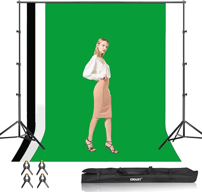 EMART Photo Video Studio Backdrop Stand Kit, 8.5x10ft Adjustable Photography Greenscreen Support System with 3 Polyester Backgrounds for Photoshoot (Black White Green) (3Pcs)
