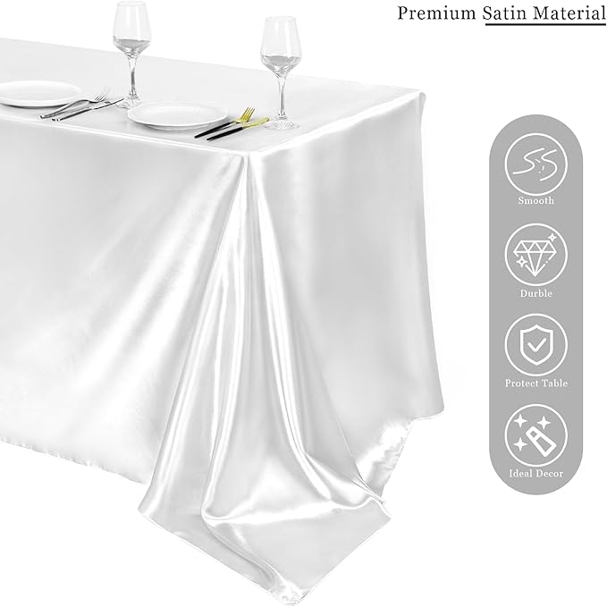 TURSTIN 8 Packs White Satin Tablecloth 102 x 58 Inch Overlay Satin Table Cover Rectangle Bright Silk Tablecloth Smooth Fabric Table Decoration for Wedding Banquet Party Events