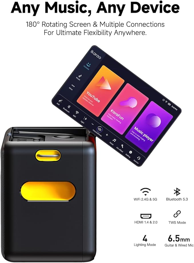 Ikarao Smart Karaoke Machine for Adults - with Lyrics Display, 32GB Karaoke Tablet, 2 Wireless Mics, Professional Karaoke System, 300W Peak Power, 4 DJ Lights, Karaoke Speaker for Any Occasion