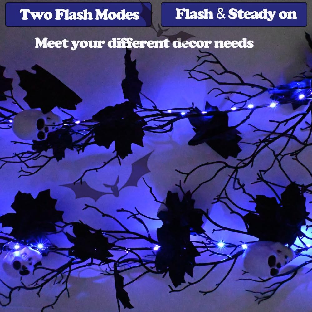 Halloween Black Garland with Timer 2 Pack 6 Feet Dead Branch Garland Lights with Maple Leaves and Skull Battery Operated Black Branch Garlands for Fall Halloween Mantle Wall Home Christmas Decoration