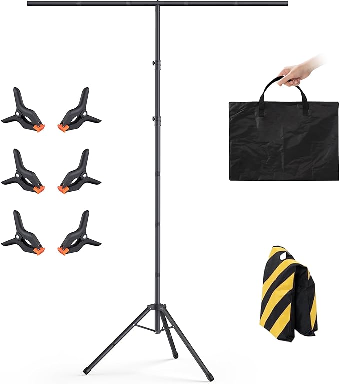 T-Shape Backdrop Stand 8x5.3FT, Height and Width Adjustable Background Stand for Parties,Green Screen Holder with 6 Spring Clamps