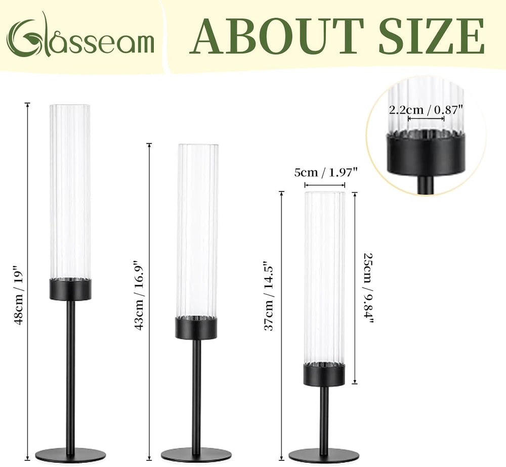 Glasseam Black Candlestick Holders, 6Pcs Fluted Glass Hurricane with Taper