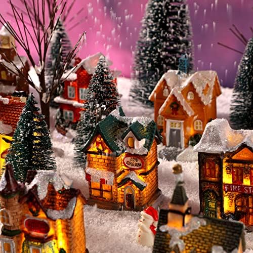 Kajaia 24 Pcs Christmas Houses Village and Mini Trees LED Lights Town Set