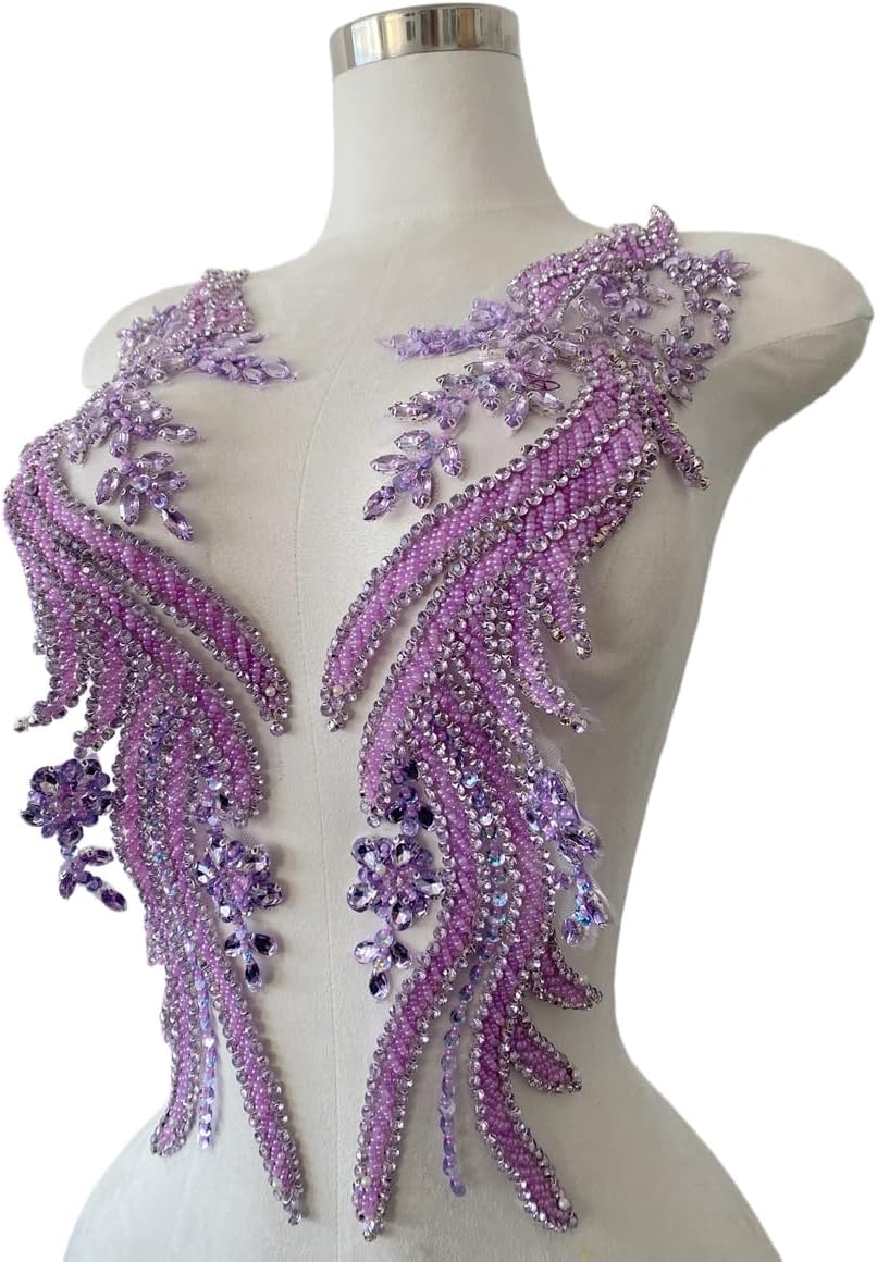 Handmade Rhinestones lace Appliques sew on Beads Trim Patches for Dress Cloth...