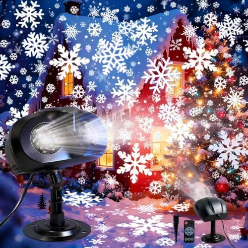outdoor christmas projector lights, snowflake projector with remote shown in use