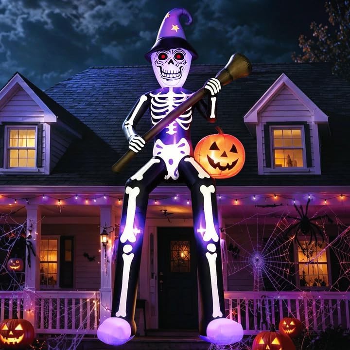 DomKom 12 FT Halloween Inflatables Outdoor Decorations, Giant Skeleton Wizard Blow up with Broom & Pumpkin, Built-in LED Lights for Yard, Lawn, Garden, Party Decor