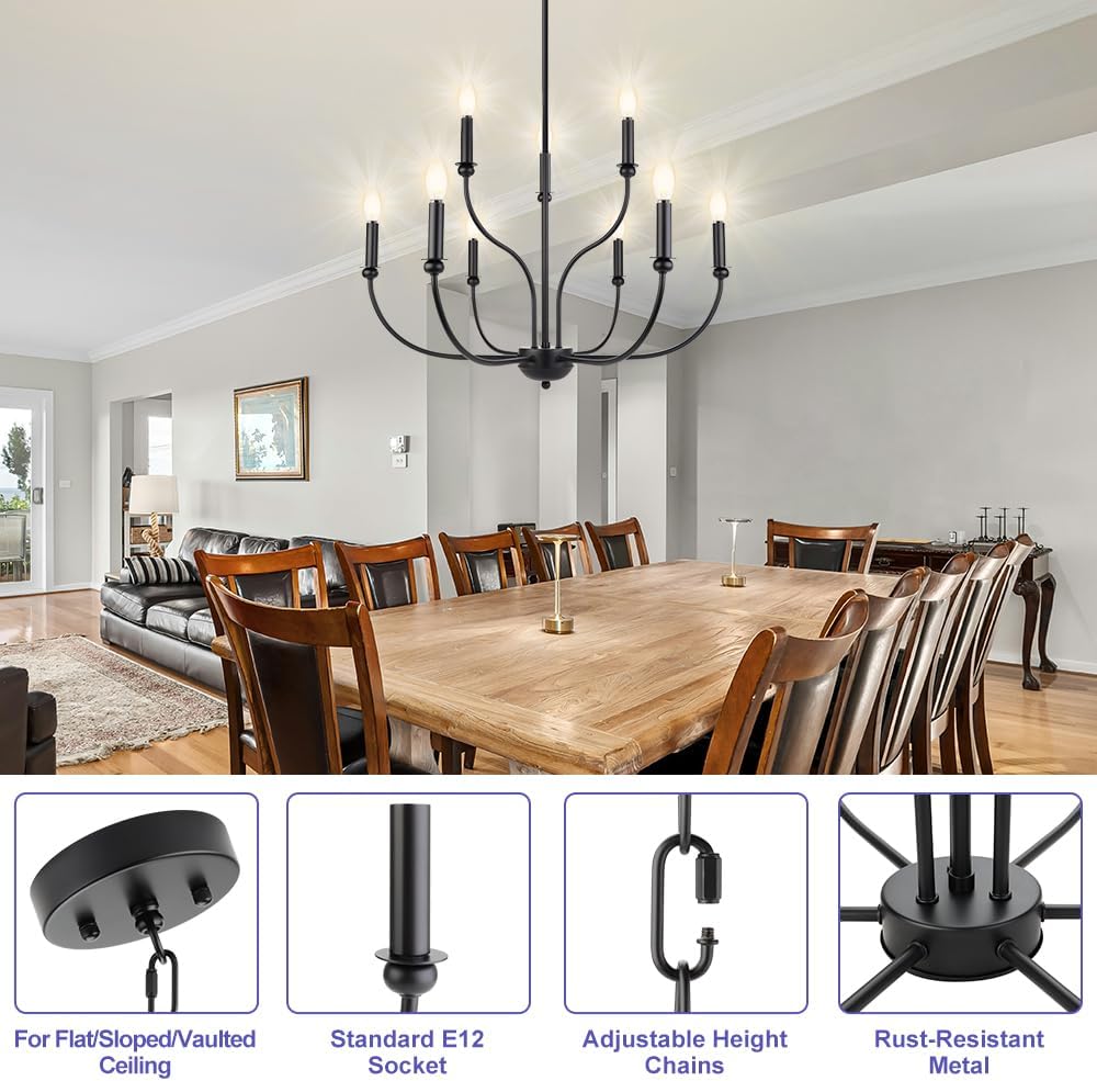 Black Chandelier Candle Style, 9-Light Farmhouse Chandelier 27’’