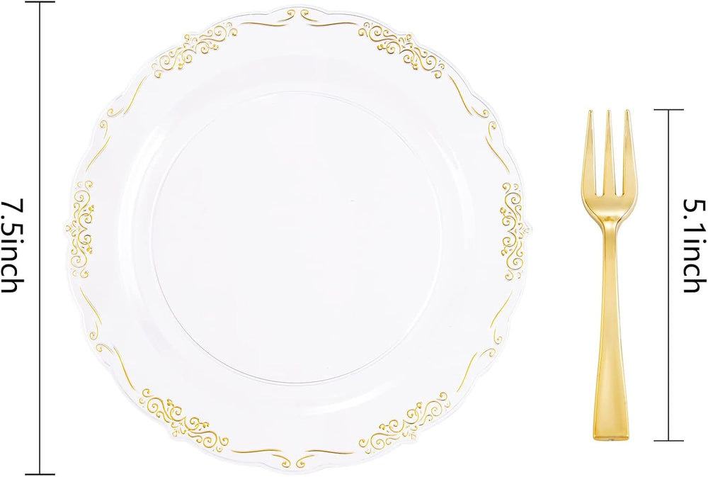 LIYH 200 Pcs Clear Gold Sturdy Plastic Cake Plates & Forks for Weddings