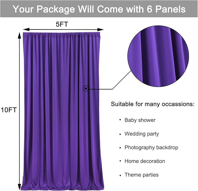 30 ft x 10 ft Wrinkle Free Purple Backdrop Curtain for Parties, 5ft x 10ft 6 Panels Polyester Purple Photo Backdrop Drapes for Wedding Birthday Party Baby Shower