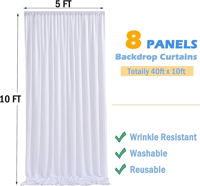 40ftx10ft Wrinkle Free White Backdrop Curtains for Party Background, 8 Panels 5x10ft Silky Polyester Photo Backdrop Drapes Back Drop Cloth for Wedding Birthday Photography Bridal Baby Shower Decor