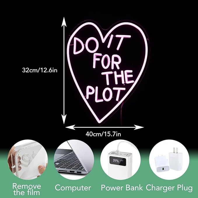 Do It For The Plot Neon Sign Dimmable Pink Words Neon Light for Wall Decor USB Led Heart Neon Light Sign for Bedroom Living Room Wedding Party Bar Neon Sign