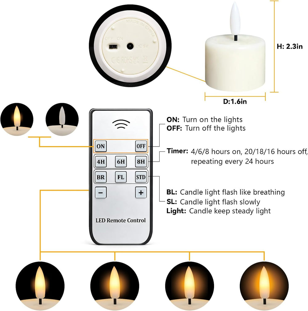 12PCS Rechargeable Tea lights Flameless Tealights with Remote Timer