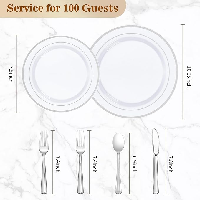 600PCS Silver Plastic Plate Set (100 Guests), Disposable Plates for Party Wedding Birthday, Dinnerware Set of 200 Plastic Plates, 200 Forks, 100 Spoons, 100 Knives for Christmas