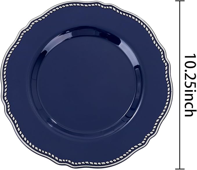 Hioasis 60pcs Blue Plastic Plates - Blue and Silver Disposable Dinnerware with Gold Rim, Heavy-duty, 10.25 inch, Dinner Plates for Party & Wedding