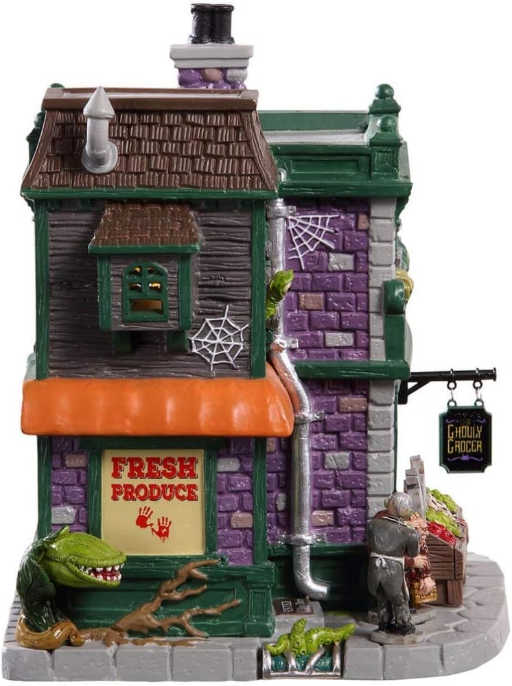 lemax ghouly grocer lighted building, #95458 for halloween, close-up detail