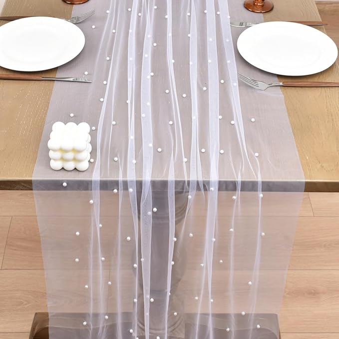 Joanlody Fall Pearl Table Runner 10ft Rustic Boho Tulle Table Runner with Pearls for Baby Shower Wedding Party Veil Dessert Thanksgiving Table Decor White 4pcs
