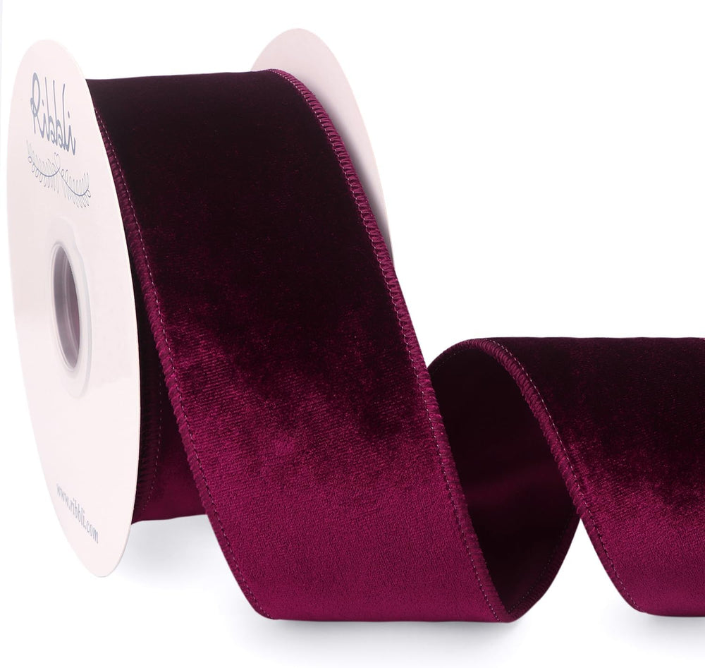 Ribbli Burgundy Velvet Wired Ribbon 2.5 Inch Velvet with Satin Christmas Ribb...