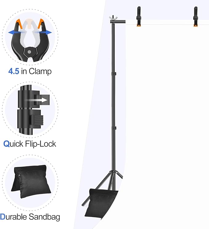 EMART Backdrop Stand 10x8.5ft(WxH) Photo Studio Adjustable Background Stand Support Kit with 2 Crossbars, 8 Backdrop Clamps, 2 Sandbags and Carrying Bag for Parties Events Decoration