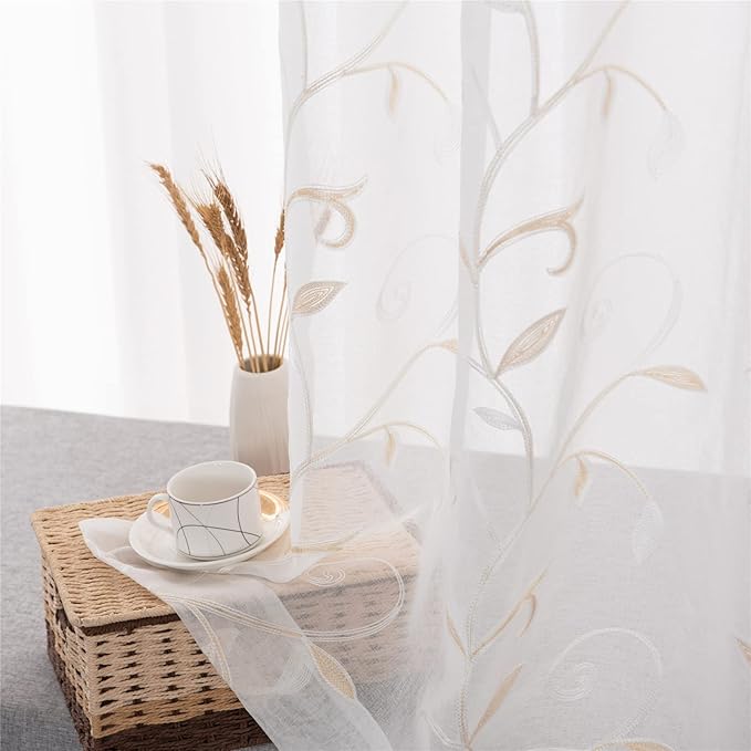 VISIONTEX White Sheer Voile Curtains, Decorative Beige Leaves Embroidery Faux Linen Rod Pocket Window Drapes for Home Kitchen, Living Room and Bedroom 54 x 108 Inch, Set of 2 Curtain Panels