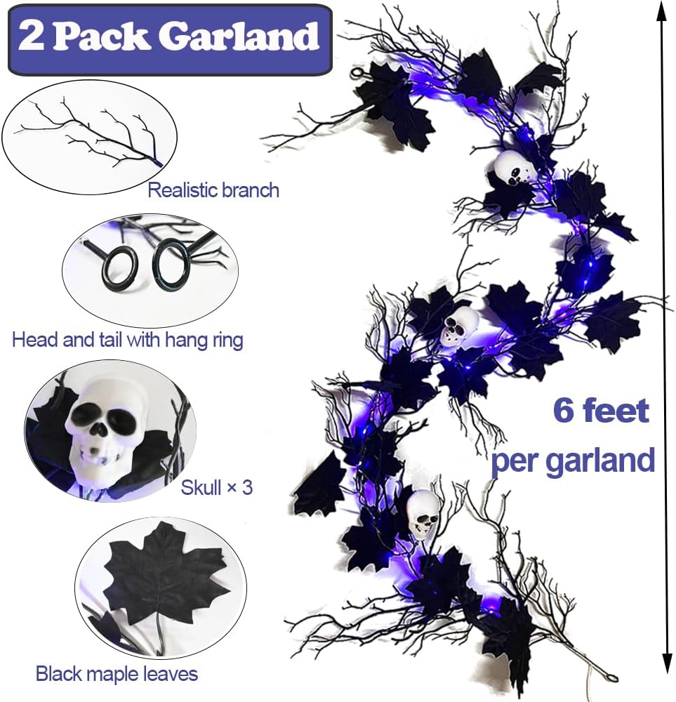 Halloween Black Garland with Timer 2 Pack 6 Feet Dead Branch Garland Lights with Maple Leaves and Skull Battery Operated Black Branch Garlands for Fall Halloween Mantle Wall Home Christmas Decoration