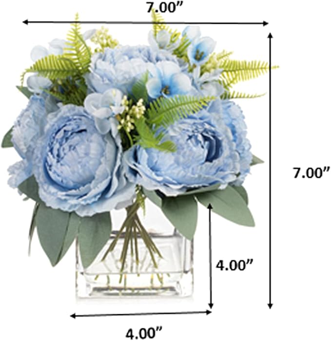 ENOVA FLORAL Artificial Flower Arrangement with Vase,Mixed Artificial Silk Peony Flower in Vase for Decoration Home Office, Wedding Centerpiece (Blue)