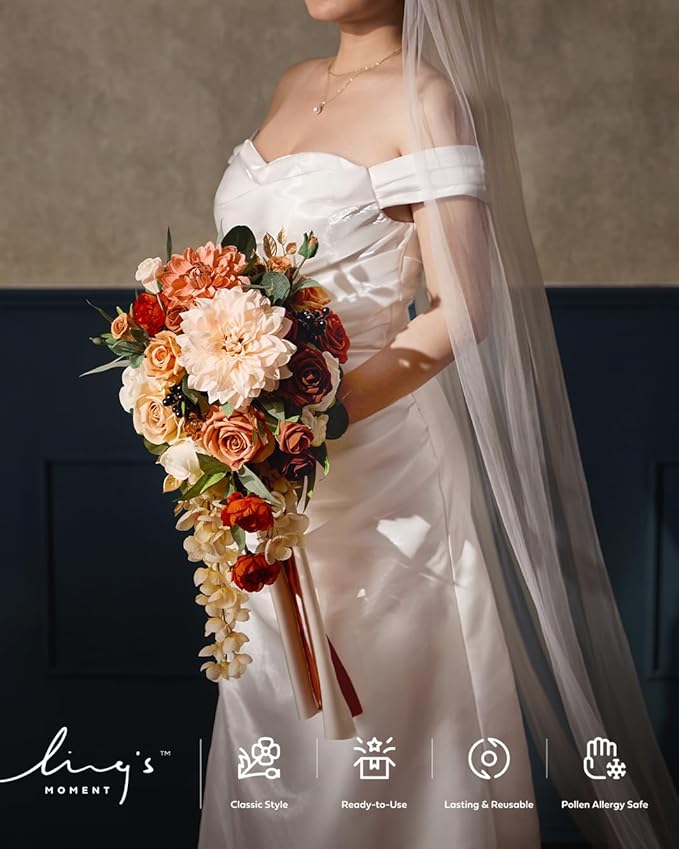 Ling's moment Terracotta Bridal Bouquet Cascading, Orange Wedding Bouquets for Bride, 13 Inch Bride Bouquets for Wedding Artificial Flowers Bouquets