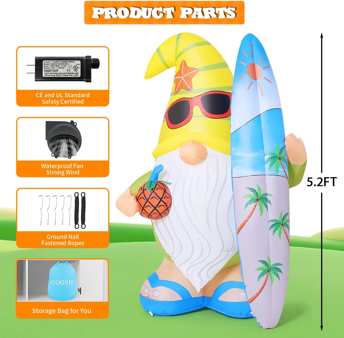 goosh 5.2 ft summer inflatables hawaii gnome decorations, package contents