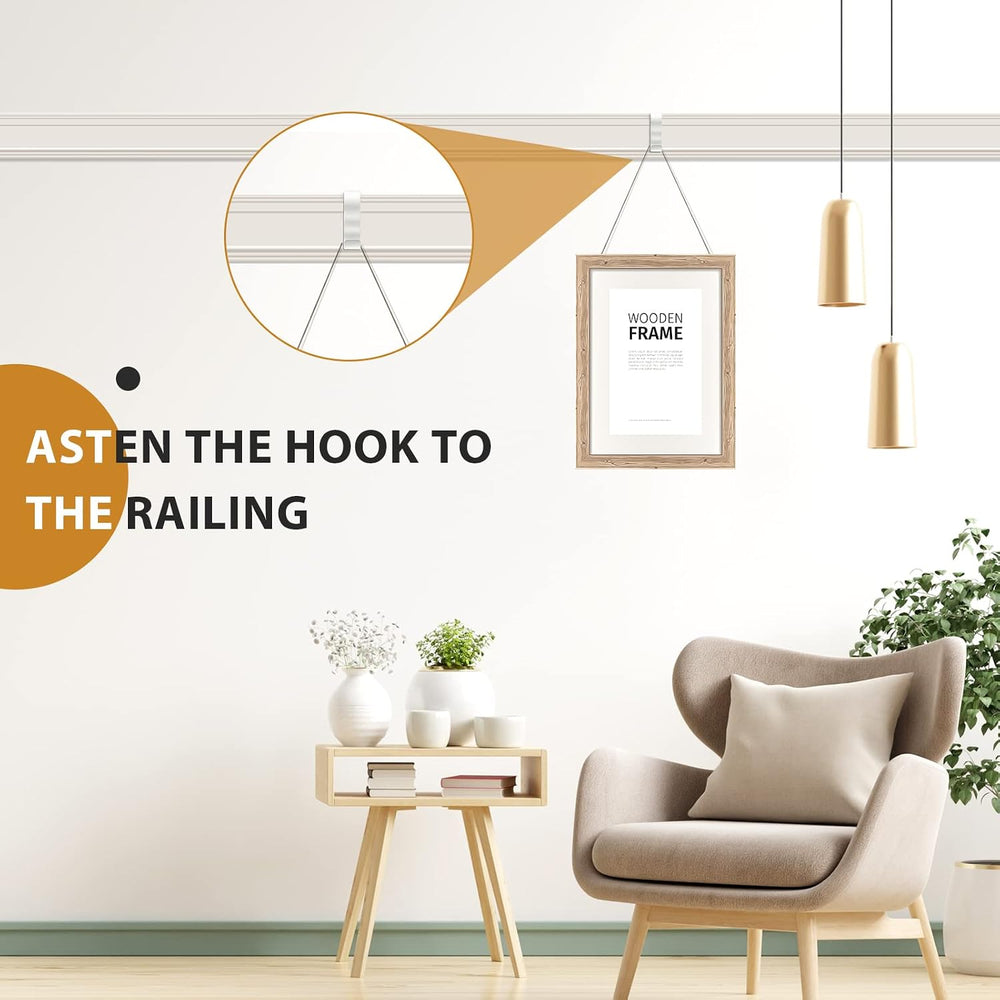 15 Pcs Picture Rail Hooks for Hanging, 71" Clear Nylon Cord, White