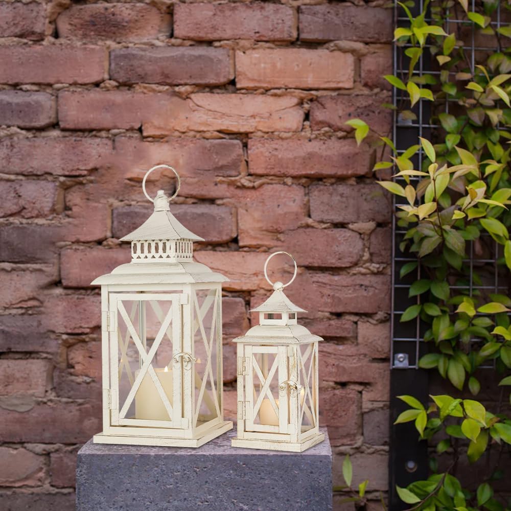 Lanterns Decorative Outdoor&Indoor, Set of 2 (14"&10") Beig...