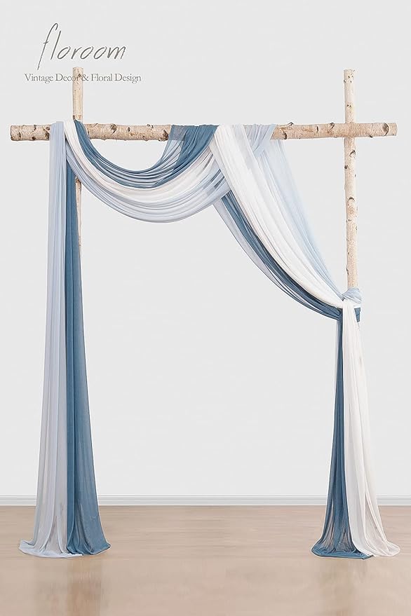 Floroom Wedding Arch Draping Fabric 3 Panels 20Ft Chiffon Fabric Drapes Arbor Drapery Wedding Ceremony Reception Swag Decorations (Dusty Blue +Powder Blue +White)