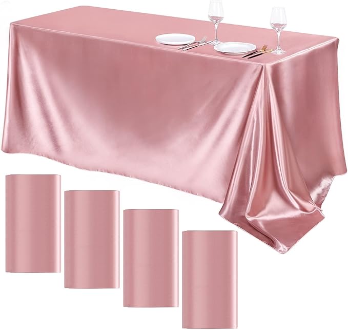 TURSTIN 4 Packs Rose Gold Satin Tablecloth 102 x 58 Inch Overlay Satin Table Cover Rectangle Bright Silk Tablecloth Smooth Fabric Table Decoration for Wedding Banquet Party Events