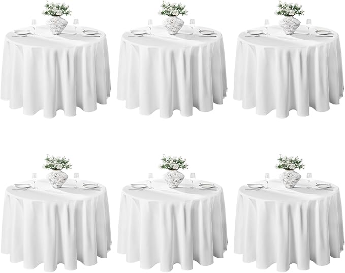 VidaFete 6 Pack 90inch Round Tablecloth Polyester Table Cloth，Stain Resistant and Wrinkle Polyester Dining Table Cover for Kitchen Dinning Party Wedding Rectangular Tabletop Buffet Decoration(White)