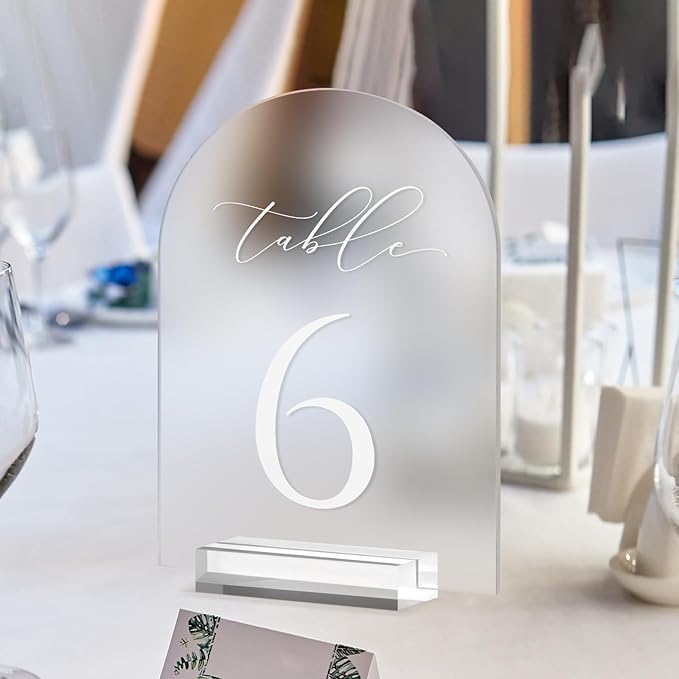 JINMURY Frosted Arch Table Numbers for Wedding, 5x7 Inch Arched Acrylic Table Numbers 1-20 with Stands, Frosted Acrylic Arch Sign with Holder for Centerpiece, Reception, Wedding, Party, Event