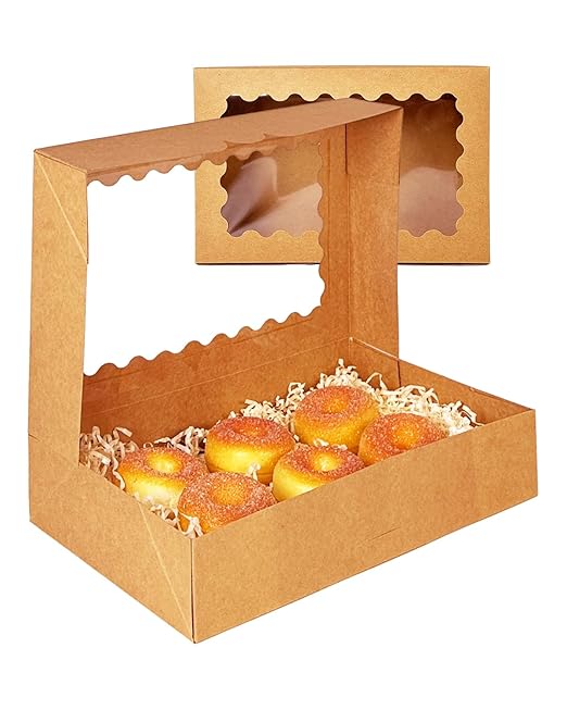 qiqee Auto-pop up Brown Cookie Box with Window 12x8x2.5 inch 32 Packs Two Uses One Second Folding Pastry Biscuit Bakery Box for Packaging