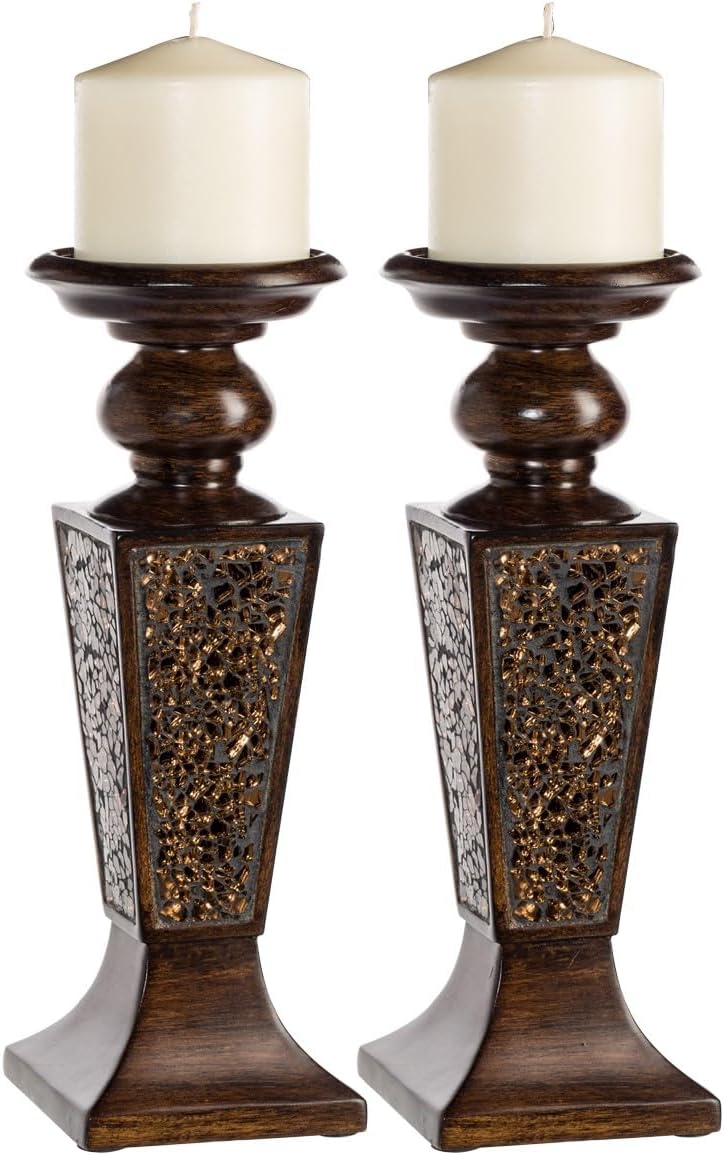 Creative Scents Schonwerk Brown Pillar Candle Holder Set of 2- Crackled Mosai...