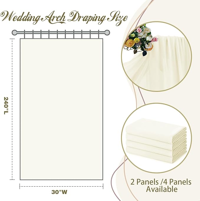 SiinvdaBZX 4 Panels Wedding Arch Draping Fabric 30" x 20Ft Ivory Sheer Chiffon Fabric Outdoor Extra Long Decorative Drapery Fabric for Party Ceremony Ceiling Curtain Backdrop