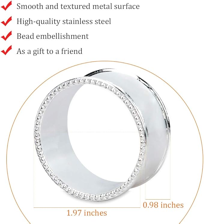 6 Pcs Stainless Steel Bead Side Napkin Rings Delicate Serviette Buckles (Silver)