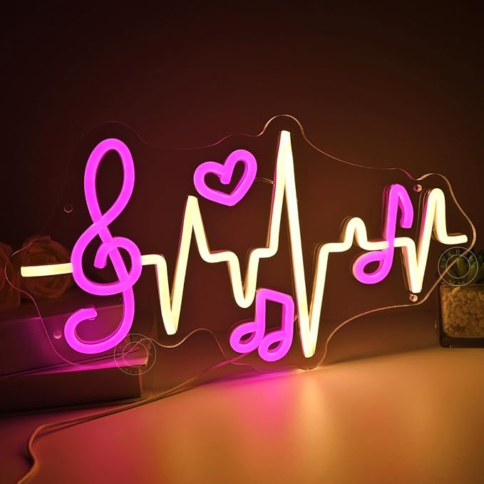 SYLHOME Led Neon Light Sign Music Note Wall Decor Sign Heartbeat Music Room Bedroom Studio Bar Theme Birthday Christmas Party 15.75" X 8.54" USB
