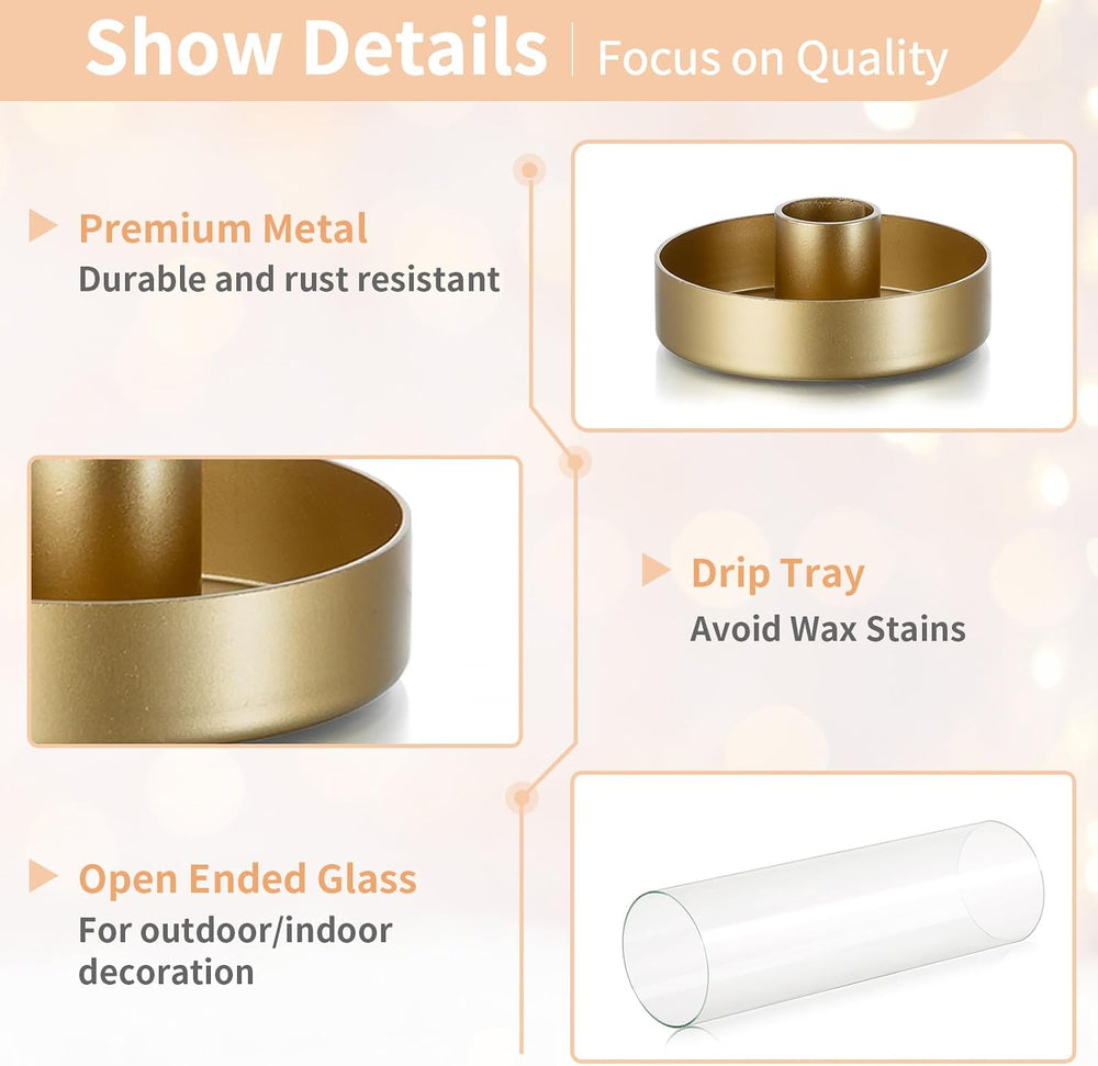 NUPTIO Hurricane Glass Candlestick Holders: 10 Set Bulk Gold Taper Candle Hol...