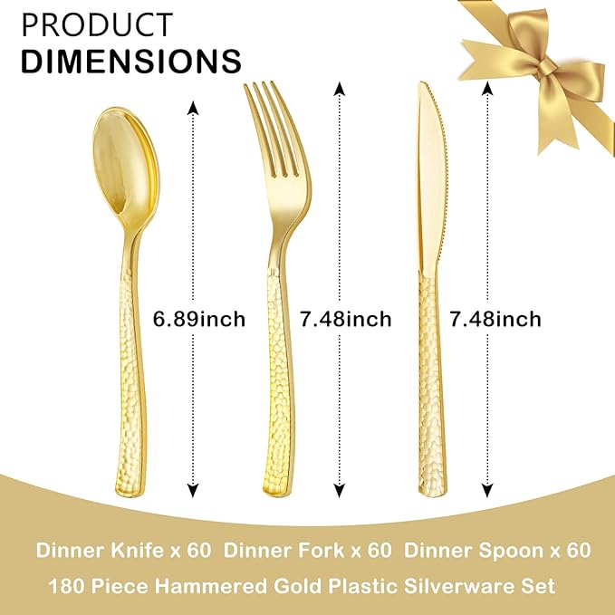 Supernal 180 pieces Gold Plastic Silverware, Disposable Plastic Utensils Heavy Duty, Gold Disposable Silverware Sets Include 60 Knives, 60 Forks and 60 Spoons, Suitable for Party, Birthday, Wedding