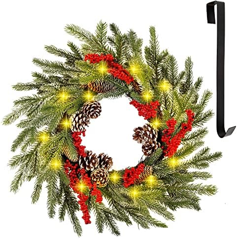 winemana 24 Inch Pre-Lit Christmas Wreath with Hanger, Timer, Pine Cone and Red Berries, Battery-Operated 20 LED Lighted Artificial Wreath Decoration for Front Door Mantel Xmas Party
