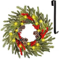 winemana 24 Inch Pre-Lit Christmas Wreath with Hanger, Timer, Pine Cone and Red Berries, Battery-Operated 20 LED Lighted Artificial Wreath Decoration for Front Door Mantel Xmas Party