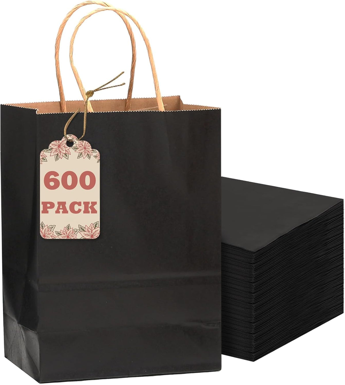 qiqee 600-Packs Black Paper Gift Bags with Handles Bulk 8.3"x6"x3.15" Small Size Paper Bags Multiple Uses