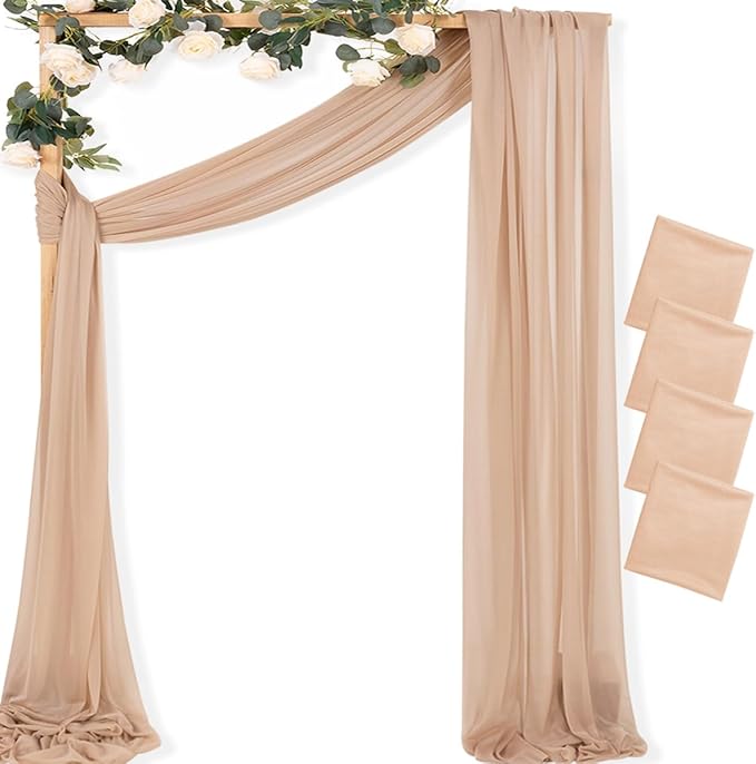 MLMC Nude Wedding Arch Draping Fabric 4 Panels 29" x 20 FT Extra Long Gauze Drapes Sheer Backdrop Curtains 6.6 Yards Outdoor Drapery Panels for Wedding Ceremony Party Ceiling Decoration