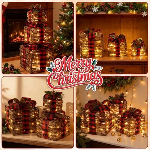 LAWOHO Set of 3 Christmas Lighted Gift Boxes,Rustic Rattan Light Up Present Boxes with Bows,Battery&USB Operated LED Xmas Gift Boxes for Christmas Decorations Holiday Ornaments Indoor Outdoor Decor