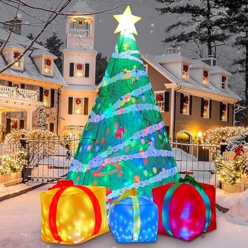 COMIN 7 FT Christmas Inflatables Tree Outdoor Decorations Blow Up Yard Present Box with Built-in LEDs for Indoor Party Garden Lawn Decor