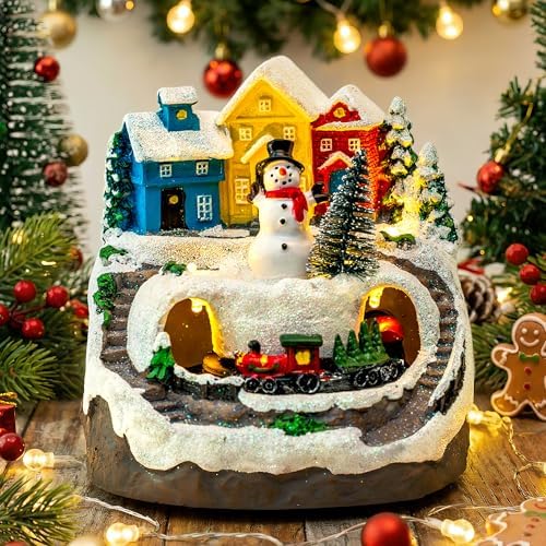 MXwcy Christmas Village House with Moving Train & Music - Lighted Snowman Figurine with 8 Holiday Songs, LED Lights - Resin Collectible Building for Indoor Xmas Decor, Table Centerpiece, Gifts