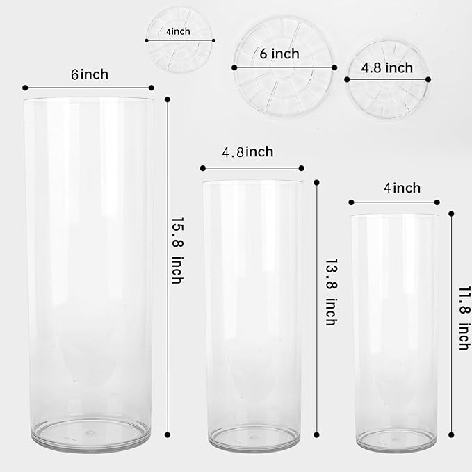 3 Large Acrylic Cylinder Clear Vase for Centerpieces, Hurricane Unbreakable Tall Big Wide Mouth Flower Vases for Birthday Wedding Bouquet Decor (D 6" X H 15.8", D 4.8", D 4" + 3 Holder)