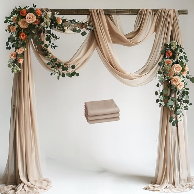 Wedding Arch Draping Fabric 3 Panels 28.7" x 20FT Nude Sheer Chiffon Backdrop Drapes for Wedding Ceremony Birthday Party Bridal Shower Outdoor Decoration