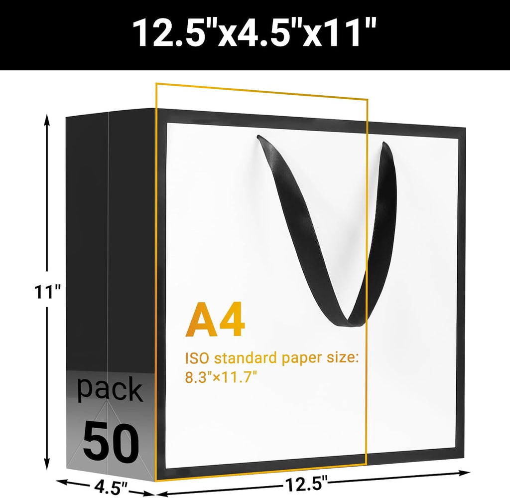 eusoar white&black gift bags, 50pcs 12.5"x4.5"x11" paper wrap shown in use